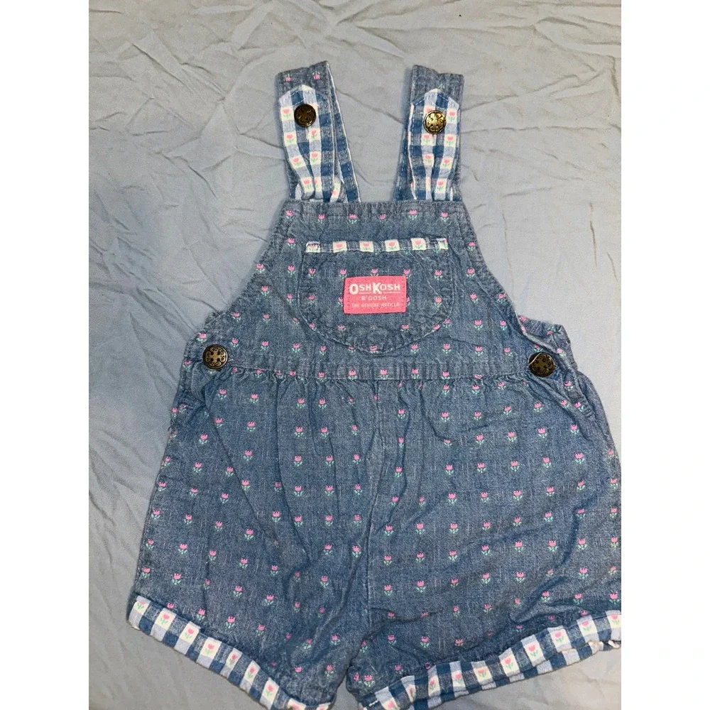 Vintage 80s OshKosh Bgosh Girls 2T Blue Floral Denim Shortalls Gingham‎ Toddler
